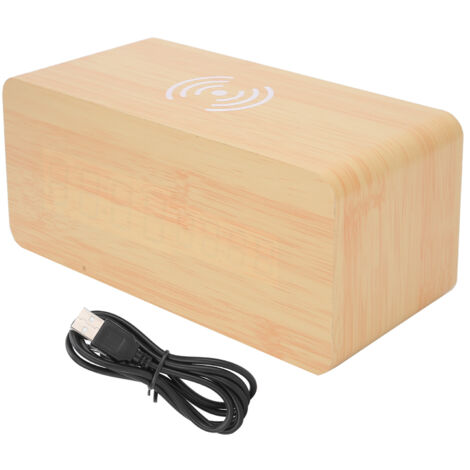 Réveil en Bois avec Chargeur Sans Fil, Contrôle Vocal et Lumière Verte en Bambou Multifonctionnel