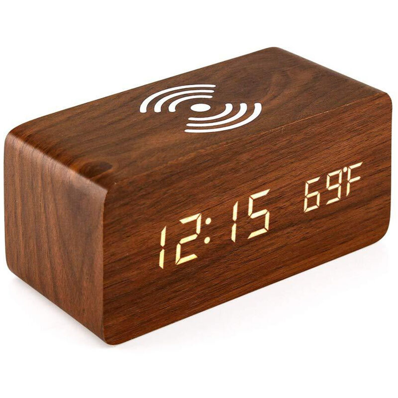 Réveil en bois avec chargeur sans fil Qi compatible avec iPhone Samsung Horloge numérique led en bois Fonction de contrôle du son, heure, date,