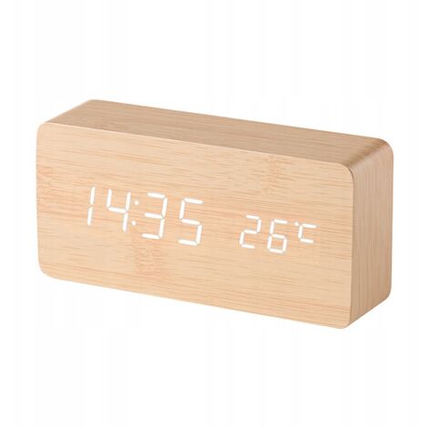 Réveil en bois avec thermomètre à claquettes, alimenté par USB ou piles