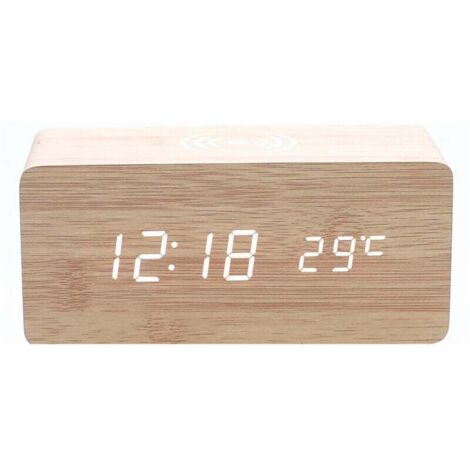 Réveil en bois beige avec chargeur sans fil, compatible iPhone et Samsung, affichage numérique LED, fonction de contrôle du son, affichage de l'heure, de la date et de la température.