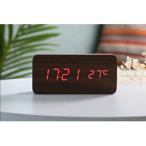 Réveil en Bois, Horloge de Bureau électronique Numérique à LED avec Date/Température et Humidité Chargeur sans Fil USB à Commande Vocale Tactile