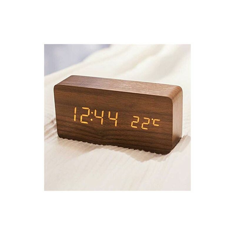 Réveil en bois moderne - Réveil de bureau numérique en bois à LED Date, température, humidité, affichage 12/24 heures - pour la maison, la chambre,