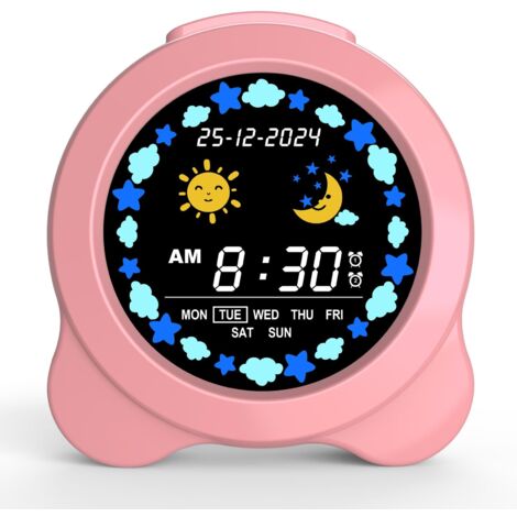 Réveil Enfant, Affichage LED Soleil & Lune avec Jour & Date, Formateur de Sommeil avec Veilleuse & Sons Apaisants, Réveil Mignon pour Chambre d'Enfant, Cadeau d'Anniversaire pour Garçons et Filles