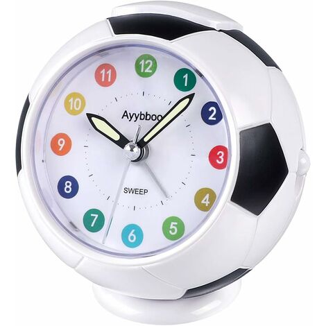 Réveil Enfant Analogique Garçon Fille Réveil Matin à Piles Alarme Forme de Football Silencieux sans Tic-Tac Lumineux Snooze Alarme Sonore Ascendante Chevet Réveil (Noir)