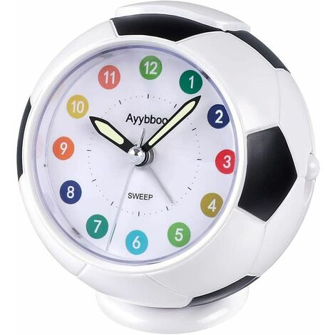 Réveil Enfant Analogique Garçon Fille Réveil Matin à Piles Alarme Forme de Football Silencieux sans Tic-Tac Lumineux Snooze Alarme Sonore Ascendante Chevet Réveil (Noir)