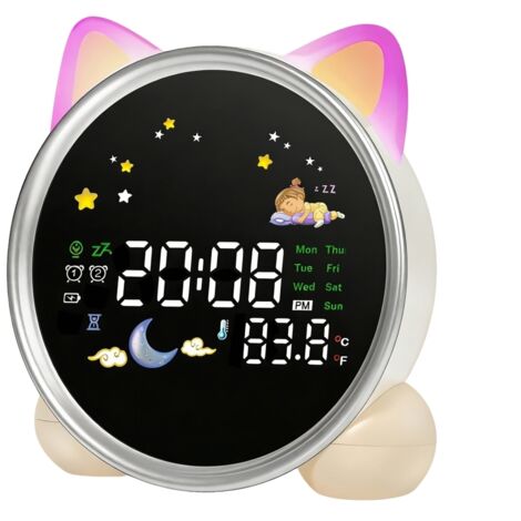 Réveil enfant avec veilleuse, horloge d'apprentissage du sommeil, minuteur de sieste et détecteur de température - Décor de chambre mignon en forme de chat