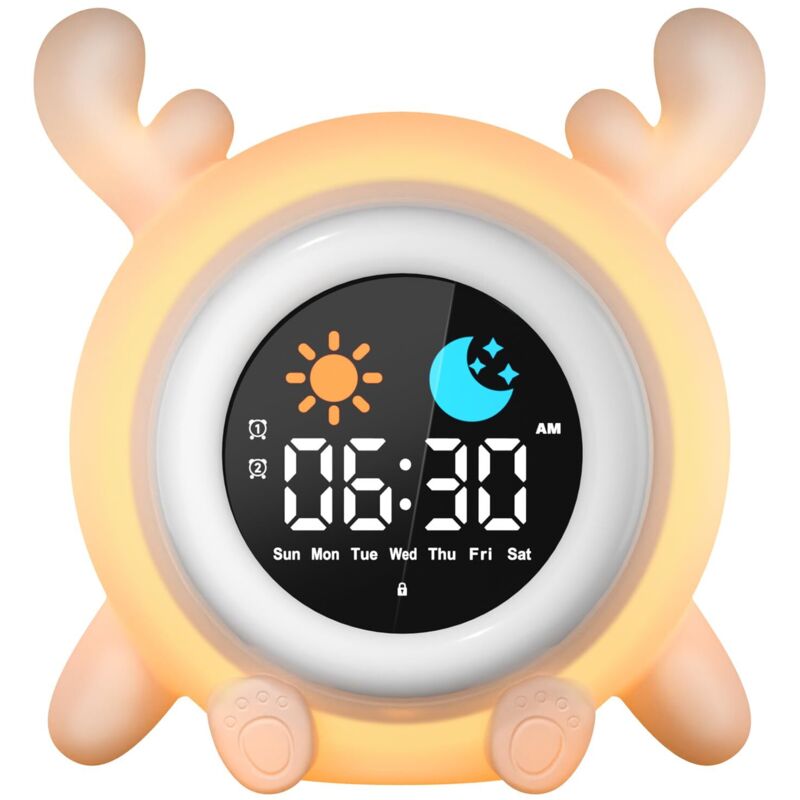 Réveil Enfant Educatif Jour Nuit 2 Alarme 12/24 Heure Snooze Luminosité de l'Ecran Réglable Réveil Lumineux 7 Couleurs 10 Chansons Arrêt