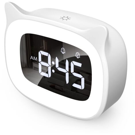 Réveil Enfant Educatif, LED Veilleuses Pendules horloges de Chambre d'enfant Kid Sleep reveil Enfant Jour/Nuit Lumineux, Snooze Réveil 5 Couleurs,18 Types de Musique, 2 Alarmes, Blanc