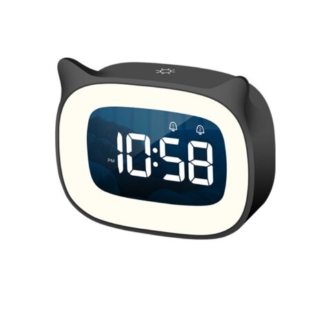 Réveil enfant JUSTUP avec veilleuse, luminosité réglable, motif oreilles de chat, pour garçons et filles --- Noir