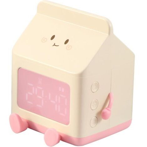 Réveil enfant mignon en forme de brique de lait, alarme 5 min, rechargeable, décoration chambre, cadeau anniversaire (Rose)