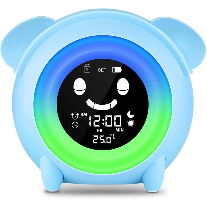 Reveil Enfant Réveil Educatif Jour Nuit Enfant Reveil Garçon Veilleuse 5 Couleurs Lumière avec Lampe de Table et Rappel de Musique, Affichage de