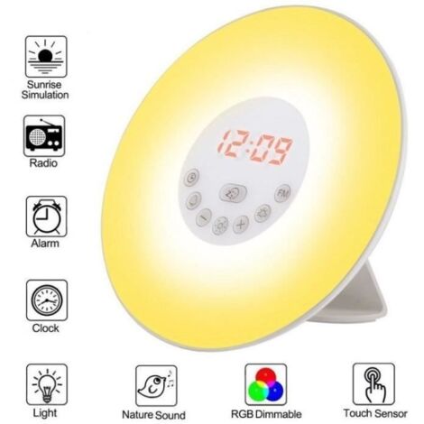 Réveil Enfant Soleil Réveil Sunrise 7 Couleurs Tactile Veilleuse LED Réveil - Alimenté par usb - Radio FM