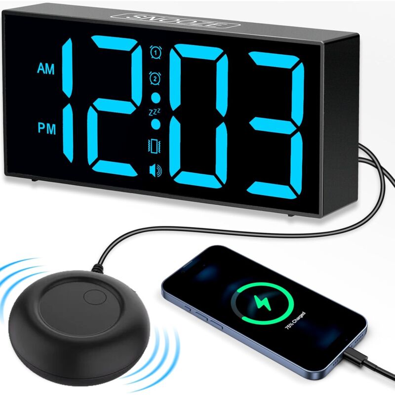 Rnemitery - Réveil numérique avec vibration, alarme matinale extra forte, lumière led 7 pouces, réveil vibrant pour sourds et malentendants, fonction