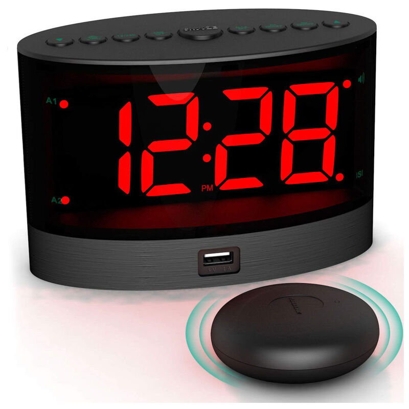 Lifcausal - Réveil extra fort avec secoueur de lit sans fil, réveil double vibrant pour gros dormeurs, sourds et malentendants, volume