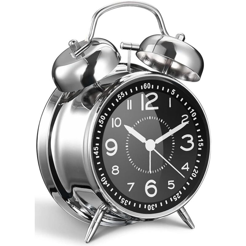 Réveil fort pour adultes dormeurs lourds, en métal de 10,2 cm, double cloche à piles, pour décoration de chambre, silencieux, sans tic-tac (argenté)