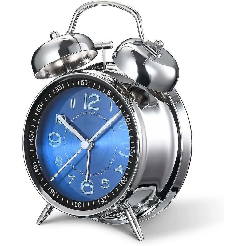 SNQ - Réveil fort pour adultes dormeurs lourds, quartz silencieux sans tic-tac de 4 pouces avec rétro-éclairage, cloche double (bleu)