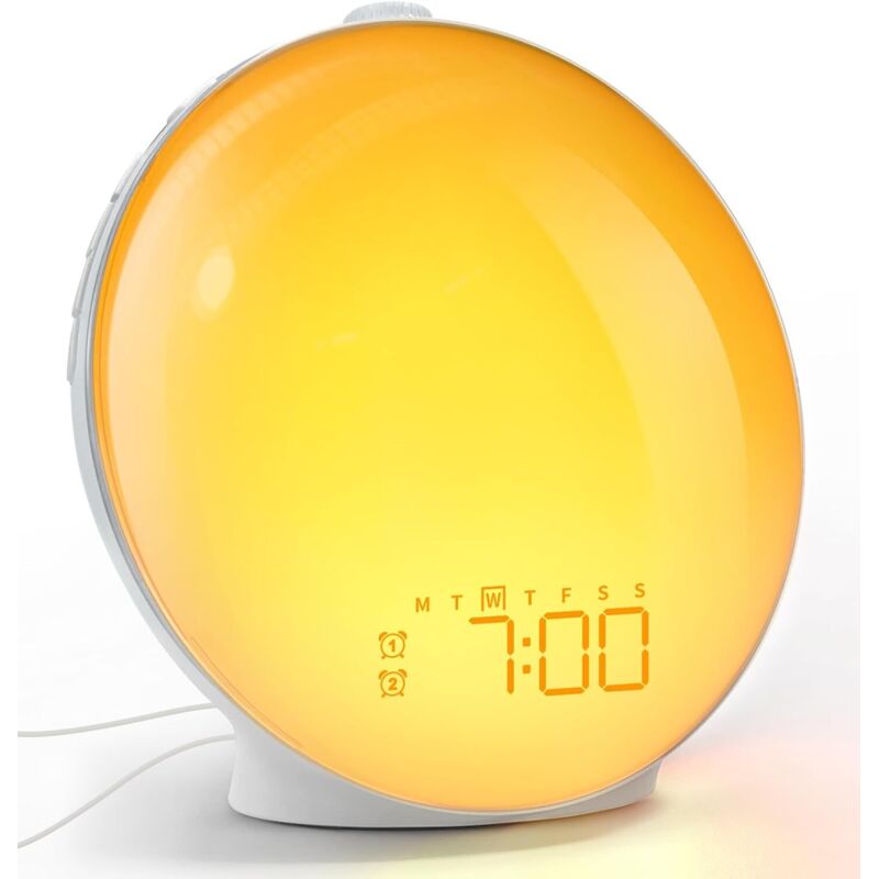 Réveil LED avec bouton rotatif, deux alarmes, sons naturels, fonction snooze, radio FM, 20 niveaux de luminosité pour adultes et enfants