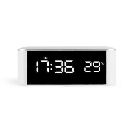 Réveil LED avec thermomètre et horloge murale numérique, inscriptions blanches.