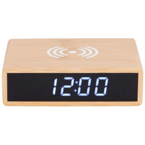 Réveil LED en bambou avec recharge smartphone sans fil