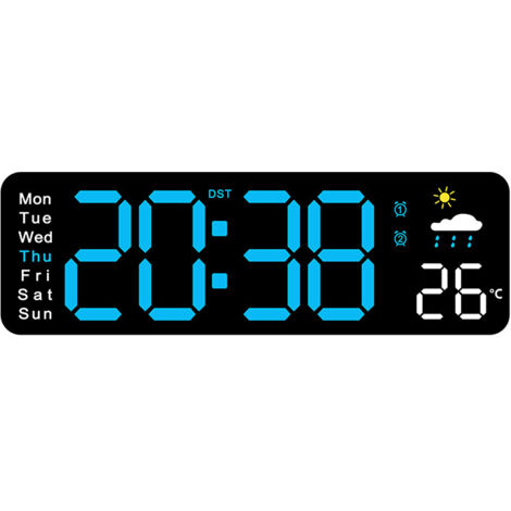 Réveil LED filaire, horloge murale, réveil multifonctionnel, réveil numérique grand écran, avec télécommande (lumière bleue)