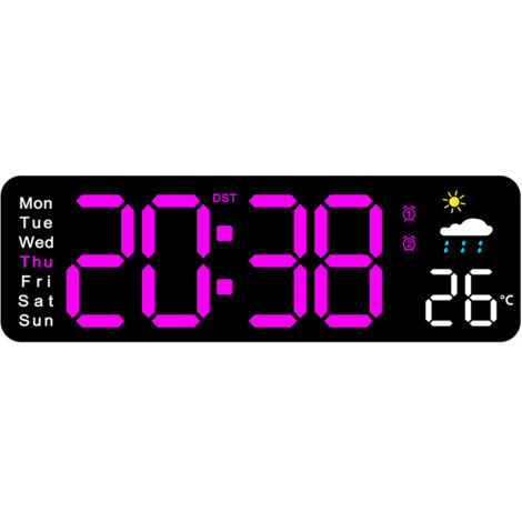 Réveil LED multifonctionnel, réveil lumineux, réveil numérique pour chambre, mural, avec télécommande (lumière violette)