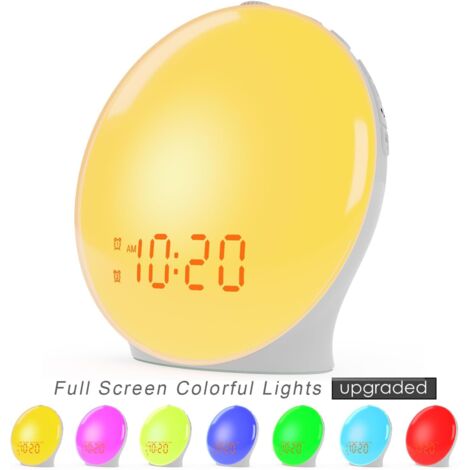 Réveil Lumière Aube - Simulation Lever du Soleil - Radio FM - Double Alarme - Veilleuse Multicolore 7 Couleurs - 7 Sons Naturels - Pour Chambre Enfants Adultes - 1 Pièce