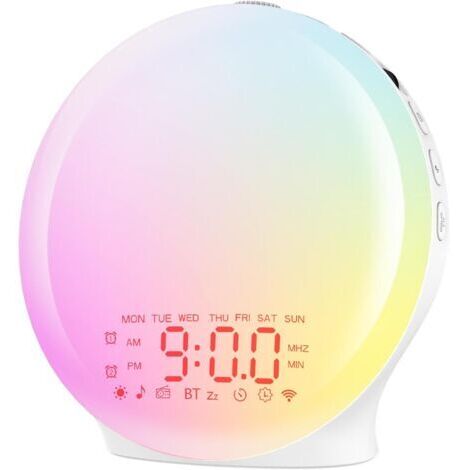 Réveil Lumière Bluetooth, Simulateur Aube & Crépuscule, 17 Couleurs, 22 Sons, Radio FM, Fonction Snooze, Double Alarme, Idéal pour les Grands Dormeurs & Enfants