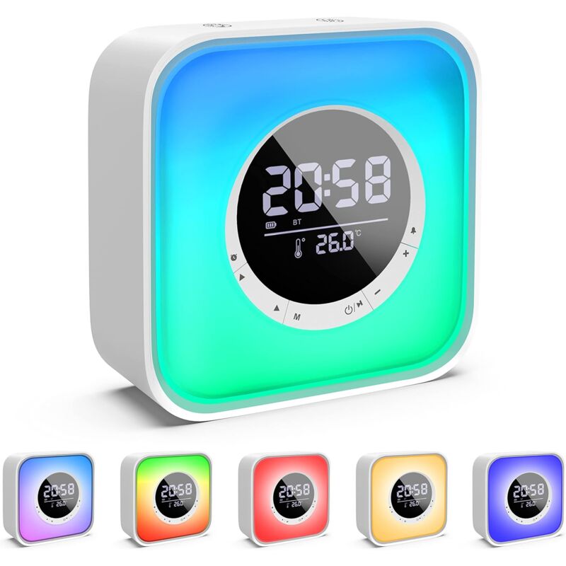 Ymyny - Réveil Lumineux avec Enceinte Bluetooth avec Lampe de Chevet led avec 10 Changements de Couleur, Réveil à Calendrier Numérique, Radio fm et