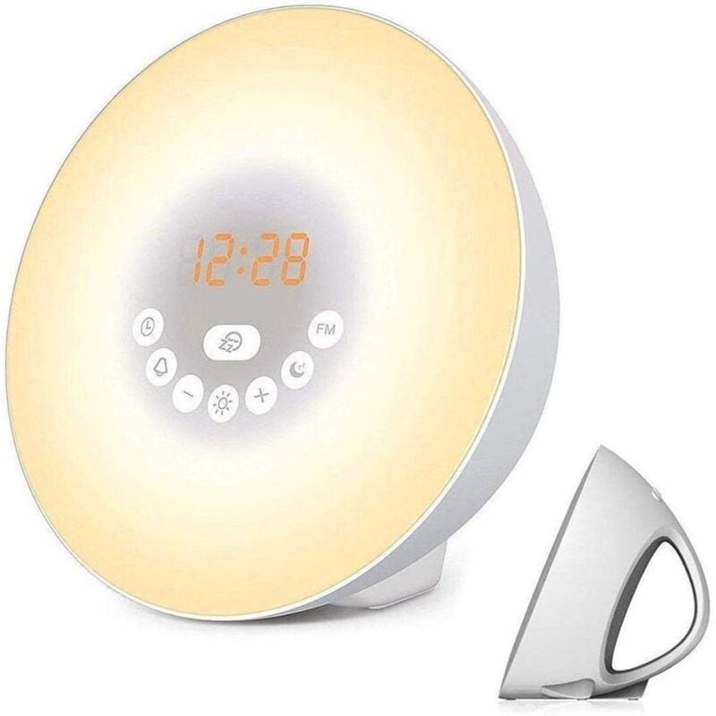 Réveil lumineux avec simulation de lever/coucher de soleil, lampe de chevet avec radio fm, sons de la nature, commande tactile, fonction snooze