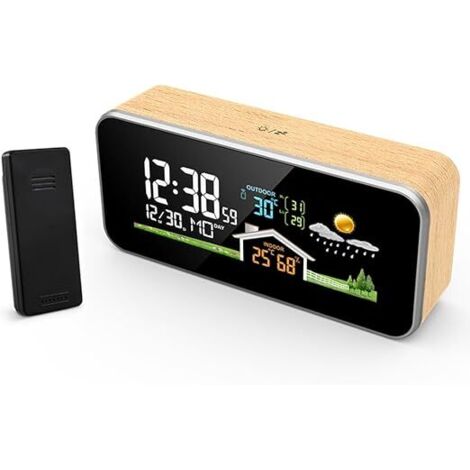 Réveil lumineux avec station météo sans fil – Écran couleur HD – Température et humidité intérieures et extérieures – Fonction réveil snooze
