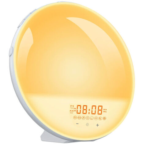 Réveil lumineux pour enfants et gros dormeurs, simulation lever de soleil, endormissement, 2 alarmes, radio FM, snooze, veilleuse, lumières colorées, 7 sons nature