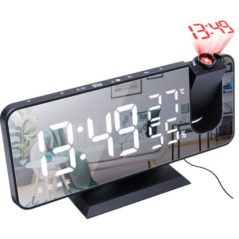Réveil lumineux Projecteur avec Horloge Numérique, avec Double Alarme et Écran Miroir LED ,7 boutons, Avec mode snooze, 4 Niveaux de Luminosité, 12/24h, pour La Maison, Le Bureau