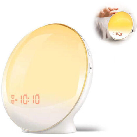 Réveil lumineux simulateur d'aube pour chambre d'enfant, avec fonction lever de soleil, aide au sommeil, double alarme, radio FM, fonction snooze, veilleuse, lumière du jour, 7 couleurs, 7 sons nature