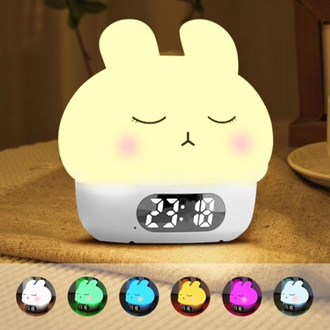 Reveil Lumineux, Veilleuse Lapin pour Chambre d'enfant, Horloge Numérique Rechargeable, Double Alarme, Snooze, 9 Modes de Couleur, Lampe de Chevet Enfant pour la Décoration