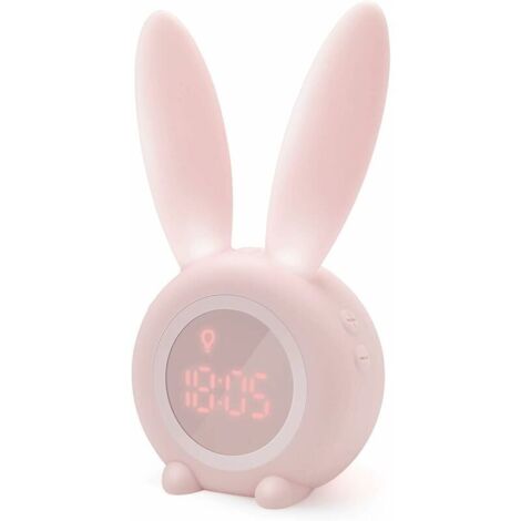 Réveil Matin à Induction en Forme de Lapin Mignon, Intelligent Réglage Automatique de la Lumière de Respiration, Affichage Automatique Temps/Date/Température, Contrôle Vocal ou Tremblement