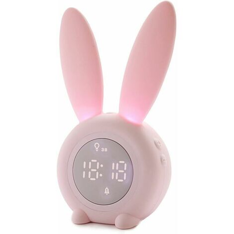 Réveil Matin à Induction en Forme de Lapin Mignon, Intelligent Réglage Automatique de la Lumière de Respiration, Affichage Automatique Temps/Date/Température, Contrôle Vocal ou Tremblement [Classe éne