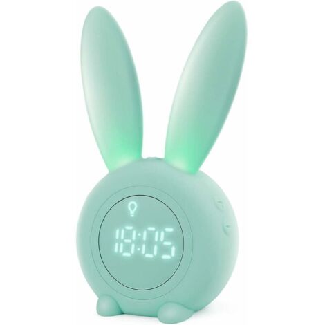 Réveil Matin à Induction en Forme de Lapin Mignon, Intelligent Réglage Automatique de la Lumière de Respiration, Affichage Automatique Temps/Date/Température, Contrôle Vocal ou Tremblement ver