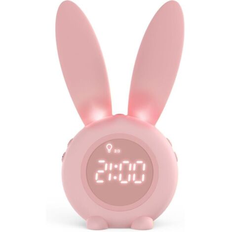 Réveil Matin à Induction en Forme de Lapin Mignon, Intelligent Réglage Automatique Lumière de Respiration, Affichage Temps/Date/Température, Contrôle Vocal ou Tremblement