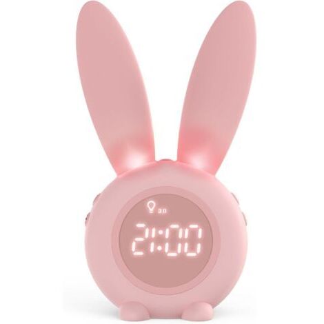 Réveil Matin à Induction en Forme de Lapin Mignon, Intelligent Réglage Automatique Lumière de Respiration, Affichage Temps/Date/Température, Contrôle Vocal ou Tremblement