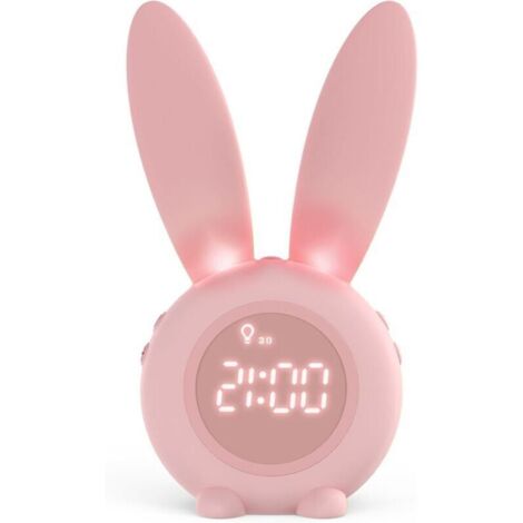 Réveil Matin à Induction en Forme de Lapin Mignon, Intelligent Réglage Automatique Lumière de Respiration, Affichage Temps/Date/Température, Contrôle Vocal ou Tremblement