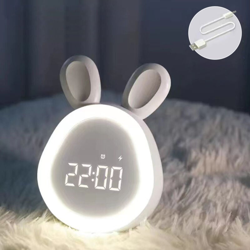 Réveil Matin à Induction en Forme de Lapin Mignon, Lampe Chevet Fonction Snooze, Affichage Automatique Temps, veilleuse, Cadeau fête pour Enfants,