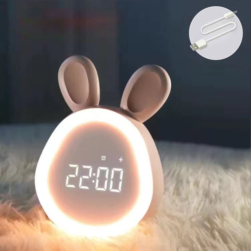 Réveil Matin à Induction en Forme de Lapin Mignon, Lampe Chevet Fonction Snooze, Affichage Automatique Temps, veilleuse, Cadeau fête pour Enfants,