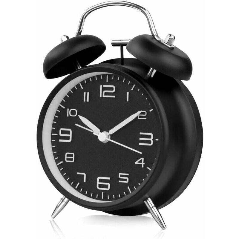 Réveil matinal à double cloche, réveil silencieux rétro avec veilleuse pour dormir, bureau, chambre, voyage, 4 pouces, noir