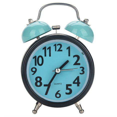 Réveil Mécanique Double Cloche Ultra Silencieux Mouvement à Quartz Table de Bureau Montre de Nuit (Bleu)