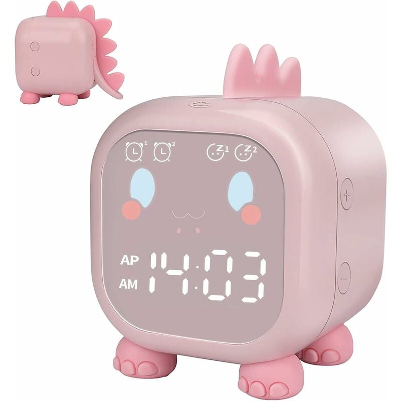 Réveil Mignon Enfant, Multifonctionnelle Réglable Veilleuse Compte à rebours Répétition Commande Vocale Horloge Rechargeable (Rose)