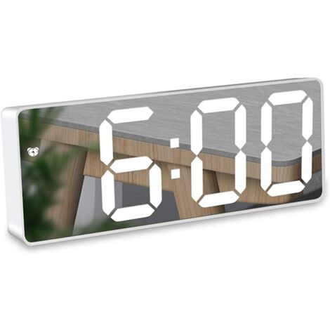 Réveil Miroir Réveil Numérique Luminosité Réglable Snooze Réveil avec Date Température Affichage LED Commande Vocale Voyage Chambre Bureau Cuisine (Blanc)