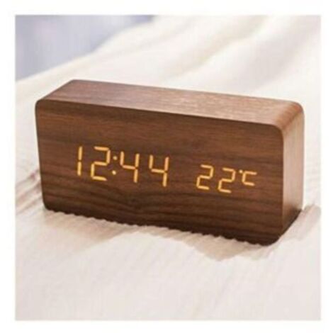 Réveil moderne en bois - LED Réveil en Bois Numérique Réveil Bureau Date Température Affichage Humidité 12/24 Heure - Pour la maison, la chambre à coucher, le bureau (Marron)
