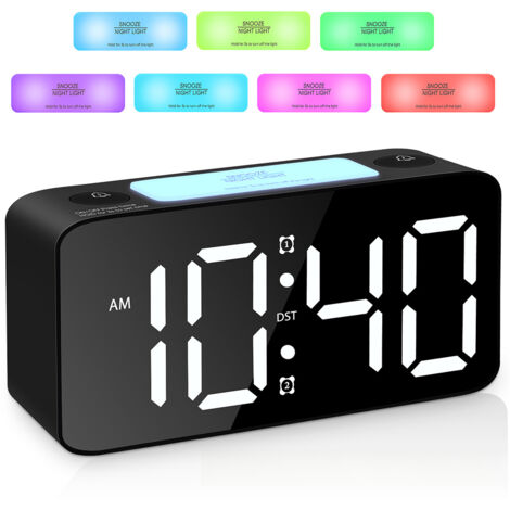 Réveil Multifonction RGB, Alarme Extra Forte, Horloge Numérique avec Veilleuse 7 Couleurs, Idéal pour les Gros Dormeurs, Volume Réglable, Chargement USB - Noir