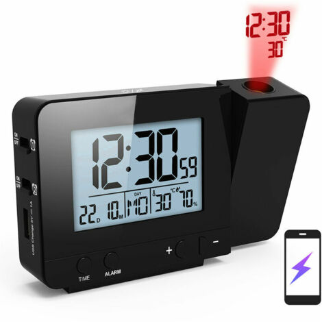 Réveil noir, réveil LED avec projection de l'heure et de la température, horloge avec charge USB FJ3531 noir sans piles livrées