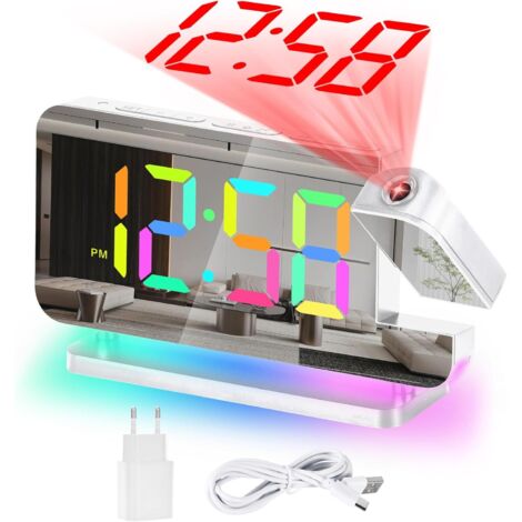Réveil Numérique - 1 Unité - Miroir LED - Projection 180° et 11 Couleurs - Chambre et Bureau - Écran 7,4 Pouces